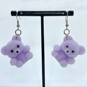 Fuzzy purple teddy bear earrings